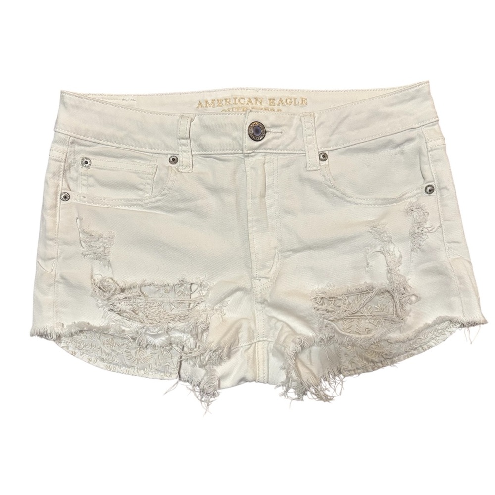 AEO Hi-Rise Shortie Distressed White Denim Shorts